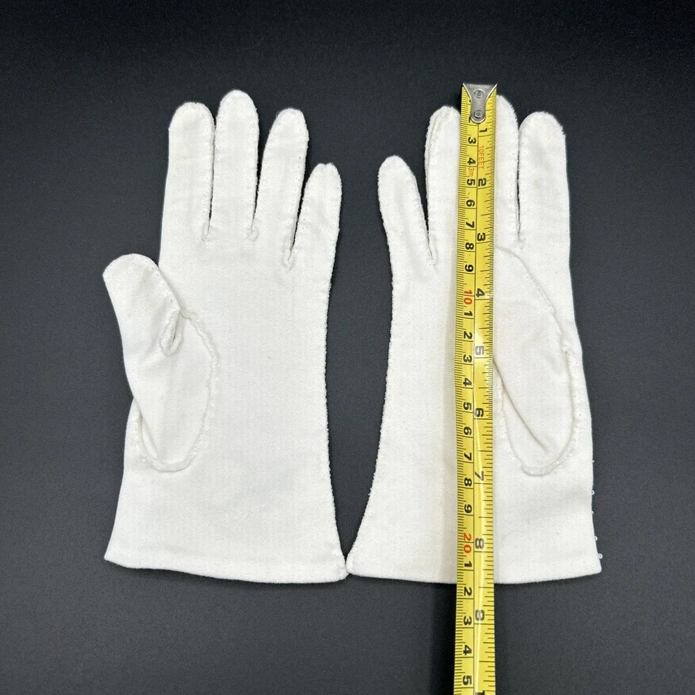 Vtg Womens Cotton Gloves Beaded Wrist Length  Sz 7 White Faux Pearl Embellished